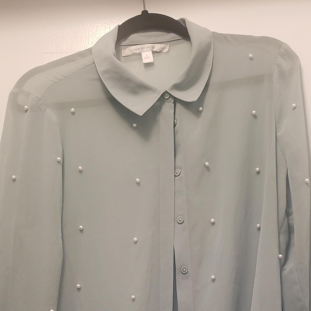 Lauren Conrad Green Sheer Blouse With Pearls